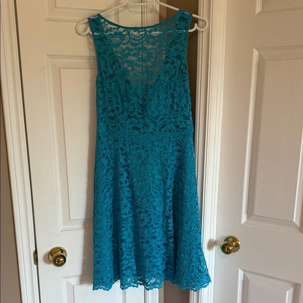 David's Bridal Turquoise Lace Midi Dress